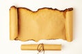 Scroll of old paper with burnt edges in a horizontal position isolated on a white background Royalty Free Stock Photo