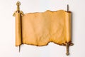 Scroll of old paper with burnt edges stretched on the blades of knightly swords, isolation on a white background. Royalty Free Stock Photo
