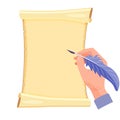 Scroll paper blank for text. Hand with an ink pen is writing on an old parchment. Background for design of poetry Royalty Free Stock Photo