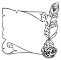 Scroll of paper, feather and inkwell in vintage sketch style. Hand drawn vector illustration. Royalty Free Stock Photo