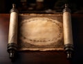 A scroll of parchment partially unrolled on a table, with ink stains adding vintage character to its surface