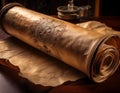 A scroll of parchment partially unrolled on a table, with ink stains adding vintage character to its surface
