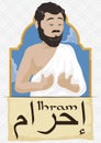 Scroll and Peaceful Pilgrim Man Wearing White Ihram Clothes, Vector Illustration