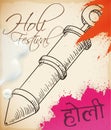 Scroll with Pichkari Toy Drawing, Powders and Water for Holi, Vector Illustration