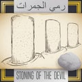 Scroll with Pillars` Drawing for Stoning of the Devil Ritual, Vector Illustration