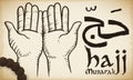 Scroll with Praying Hands Drawing and Tasbih for Hajj, Vector Illustration