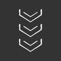 Scrolling down arrows button chalk white icon on black background. Three downward arrowheads. Downloading process