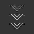 Scrolling down button chalk white icon on black background. Three downward arrows for mobile app interface. Arrowheads