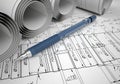 Scrolls engineering drawings and automatic pencil Royalty Free Stock Photo