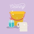 Scrub brush and dust pan bucket and garbage bag cleaning service on color background