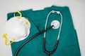 Scrubs N95 respirators masks and stethoscope for health care or medical professional