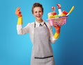 Scrubwoman with a basket with cleansers and brushes