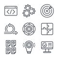 Scrum and agile software methodology related editable stroke outline icons set isolated on white background flat vector