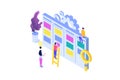 Scrum or canban task board isometric concept.