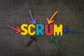 Scrum master method for agile software development concept, multi color arrows pointing to the word Scrum at the center of black Royalty Free Stock Photo