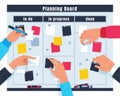 Scrum task board. Ream project collaboration, cartoon hands pointing on kanban board with tasks. Vector agile planning