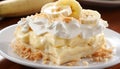 Scrumptious banana cream pie with a delectable filling on a charming rustic background