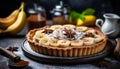 Scrumptious banana cream pie with freshly sliced bananas on a rustic wooden background