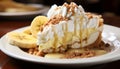 Scrumptious banana cream pie with a luscious filling on a charming rustic wooden background