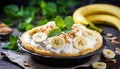 Scrumptious banana cream pie with a luscious filling, served on a rustic wooden background