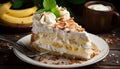 Scrumptious banana cream pie on a rustic wooden background, perfect for dessert lovers
