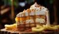 Scrumptious banana cream pie on a rustic wooden background, perfectly sliced and ready to be savored