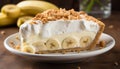 Scrumptious banana cream pie on a rustic wooden background, ready to be savored and enjoyed