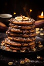 Scrumptious banana pancakes with rich chocolate and crunchy almonds on a vivid background