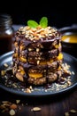 Scrumptious banana pancakes topped with chocolate and almonds on a vivid, colorful backdrop