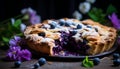 Scrumptious blueberry pie with fresh blueberries on a charming rustic wooden background
