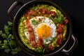 Scrumptious breakfast delight top view of a perfectly fried egg with crispy bacon in a sizzling pan