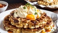 Scrumptious Brunch Delight Scrambled Eggs on Golden Waffles.AI Generated