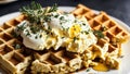 Scrumptious Brunch Delight Scrambled Eggs on Golden Waffles.AI Generated