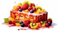 Scrumptious cake decorated with fresh fruit and berries on a white background