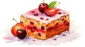 Scrumptious cake with fresh cherries and peaches on a white background