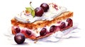 Scrumptious cake with fresh cherries and whipped cream on a white background