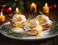 Christmas Eggs Benedict on a white plate. Generative AI Royalty Free Stock Photo