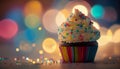 A cupcake with rainbow frosting and rainbow bokeh, Generative AI, illustration Royalty Free Stock Photo