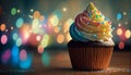 A cupcake with rainbow frosting and rainbow bokeh, Generative AI, illustration Royalty Free Stock Photo