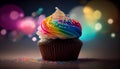 A cupcake with rainbow frosting and rainbow bokeh, Generative AI, illustration Royalty Free Stock Photo