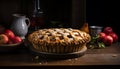 Scrumptious homemade apple pie with freshly baked flaky crust on rustic wooden background
