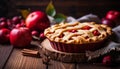 Scrumptious homemade apple pie with a golden crust on a charming rustic wooden background