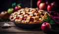 Scrumptious homemade apple pie with golden crust on a charming rustic wooden background