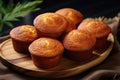 Scrumptious homemade bakery concept with mouthwatering banana muffins on a rustic wooden board