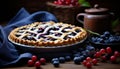 Scrumptious homemade blueberry pie with fresh blueberries on a rustic wooden background