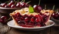 Scrumptious homemade cherry pie with a golden crust on a charming rustic wooden background