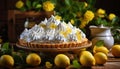 Scrumptious homemade lemon pie with a golden crust on a charming rustic wooden background