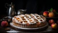 Scrumptious homemade peach pie with fresh juicy peaches on a rustic wooden background
