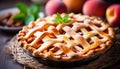 Scrumptious homemade peach pie with fresh ripe peaches on a charming rustic wooden background