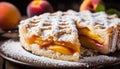 Scrumptious homemade peach pie with a golden crust on a charming rustic wooden background